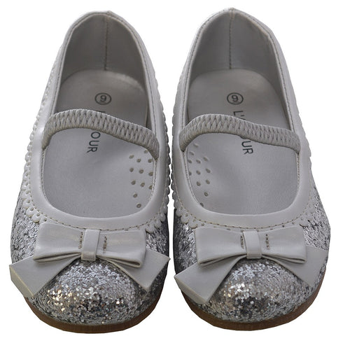 L'Amour Silver Glitter Bow Strap Ballet Slipper Shoe Toddler Girl 5-10 - SophiasStyle.com